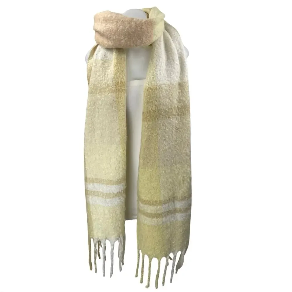 Anthropologie Women's Yellow Plaid Knit Fringe Hem Shawl Wrap Scarf One Size